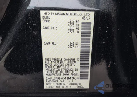 2017 Nissan Altima 2.5 Sr from USA, damaged, VIN 1N4AL3AP9HC484064